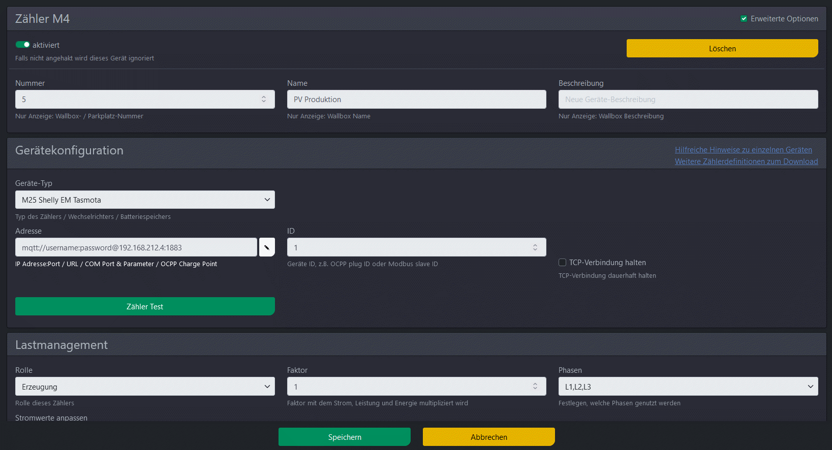 Screenshot der Einstellungen für einen benutzerdefinierten Zähler mit MQTT